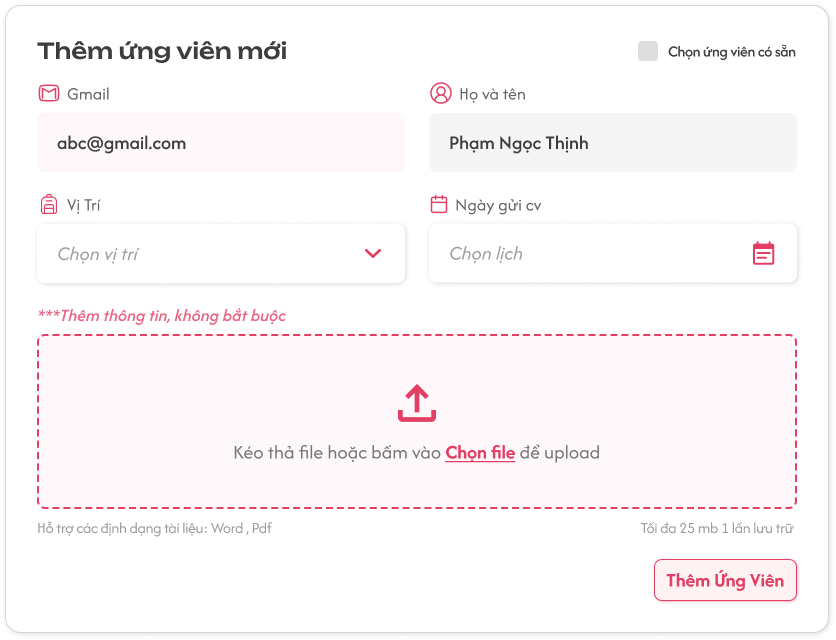 Popup Thêm Ứng Viên (Nhập Tay Nhưng Đã Có Mail Trên Hệ Thống)