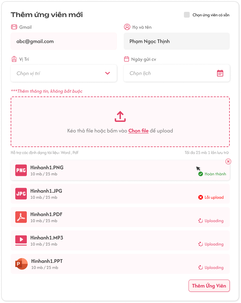 Popup Thêm Ứng Viên (Nhập Tay Nhưng Đã Có Mail Trên Hệ Thống) 1