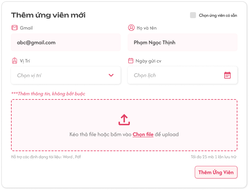 Popup Thêm Ứng Viên (Nhập Tay Nhưng Chưacó Mail Trên Hệ Thống)